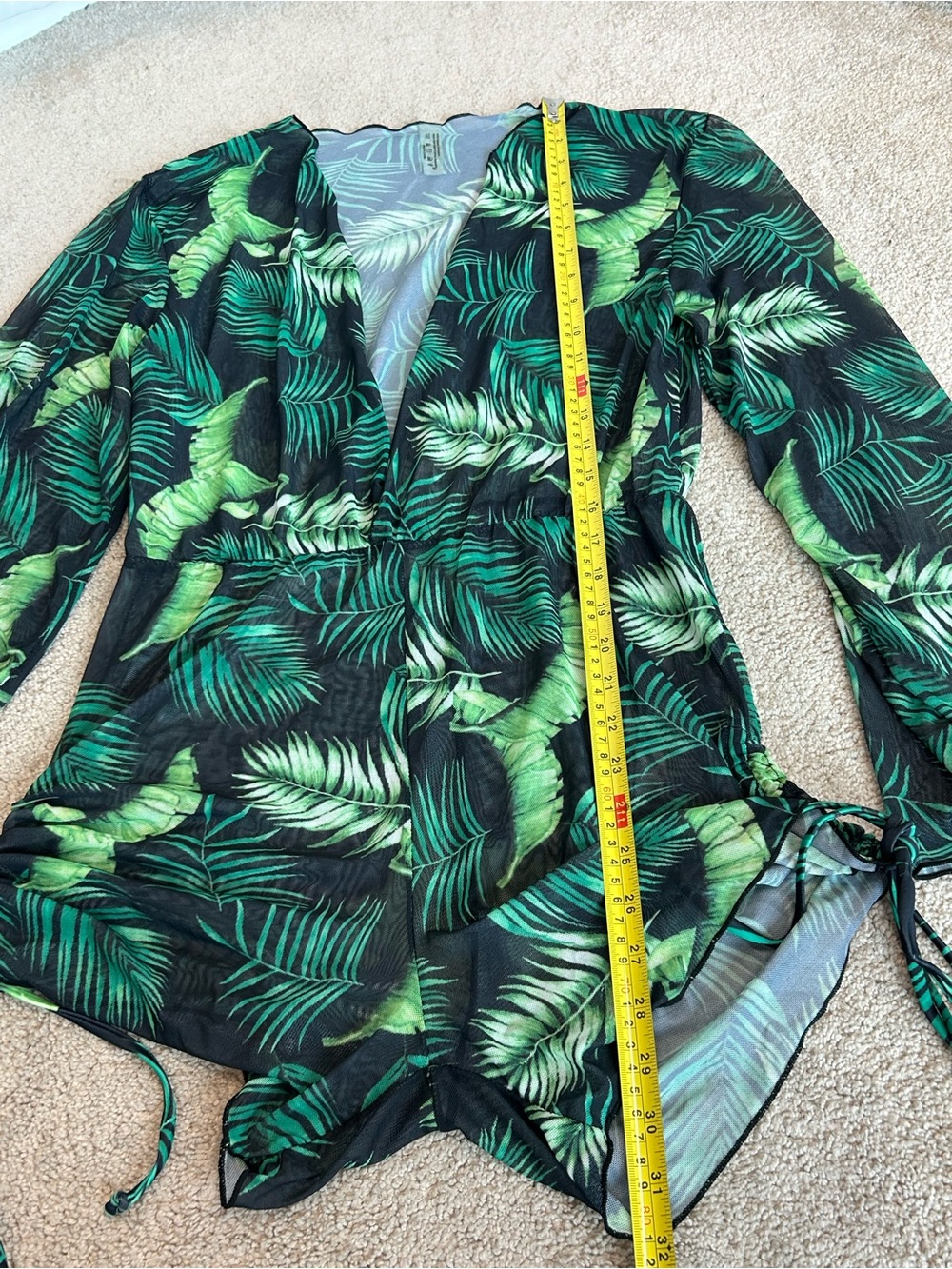 Tropical Palm Leaf Sheer deep plunge Romper Cover-Up Long Sleeve Black Green M - Picture 10 of 16
